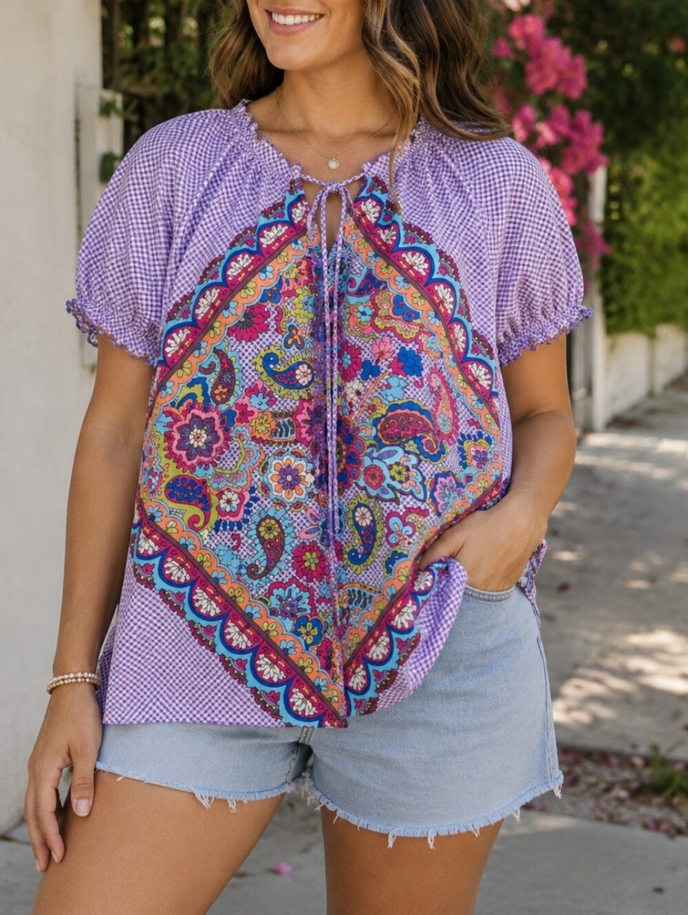 KOI Purple Paisley Print Short Sleeve Scrub Top Boho Floral Front Panel Tie Neck